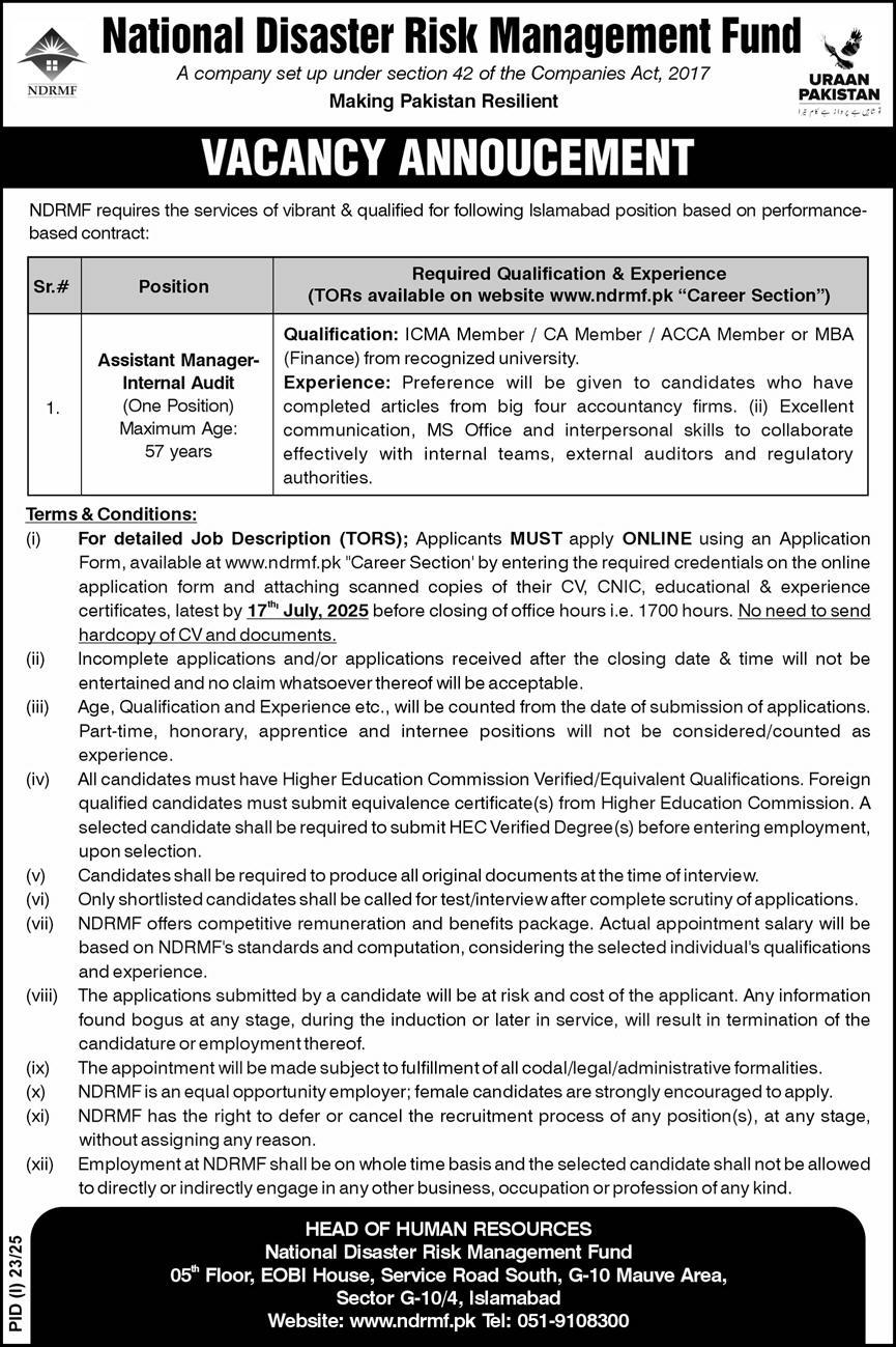 Jobs in Natioal Disaster Risk Management Fund Islamabad